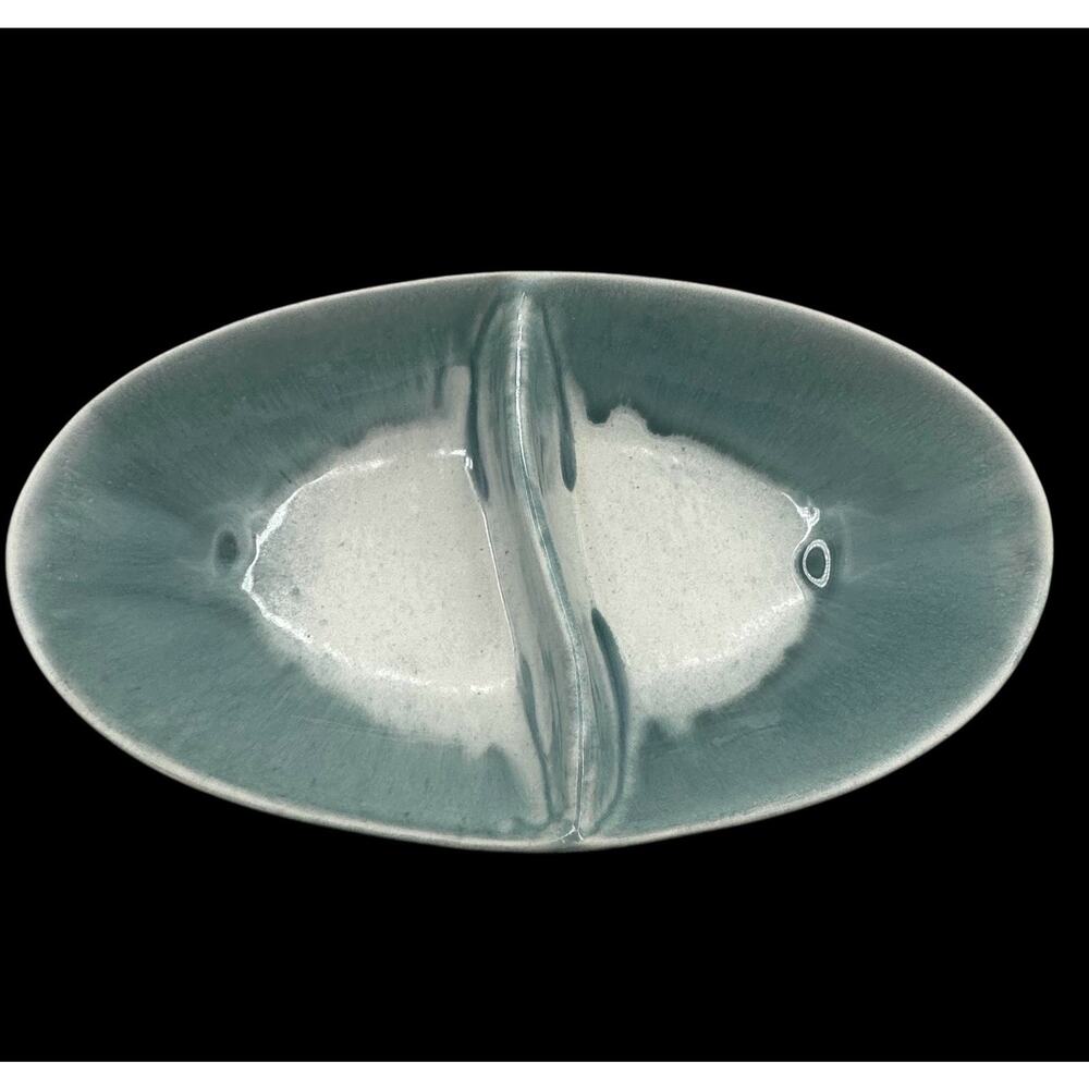 Dryden Pottery Divided Bowl Drip Glaze Blue White Dish Serving Ceramic Decor Vtg
